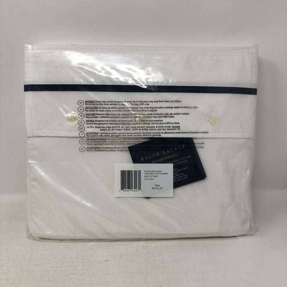 Ralph Lauren Organic Cotton Percale Palmer King Flat Sheet White Polo Navy New - Picture 1 of 10